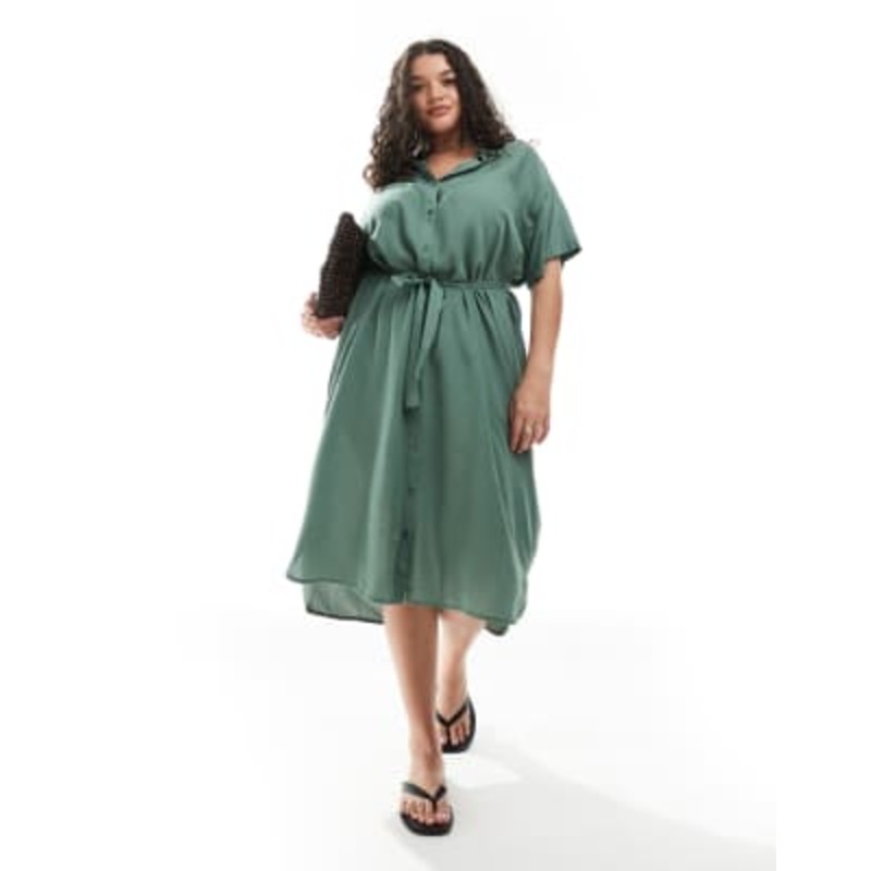 Vero Moda Curve shirt midi dress with tie belt in green