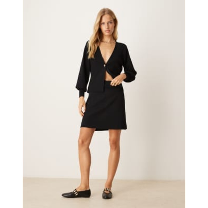 VILA knit button front cardigan and mini skirt set in black