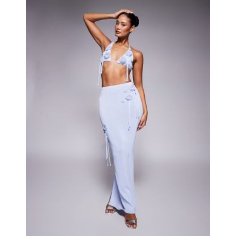 Wanderdoll Delilah knitted corsage detail maxi skirt in baby blue – part of a set