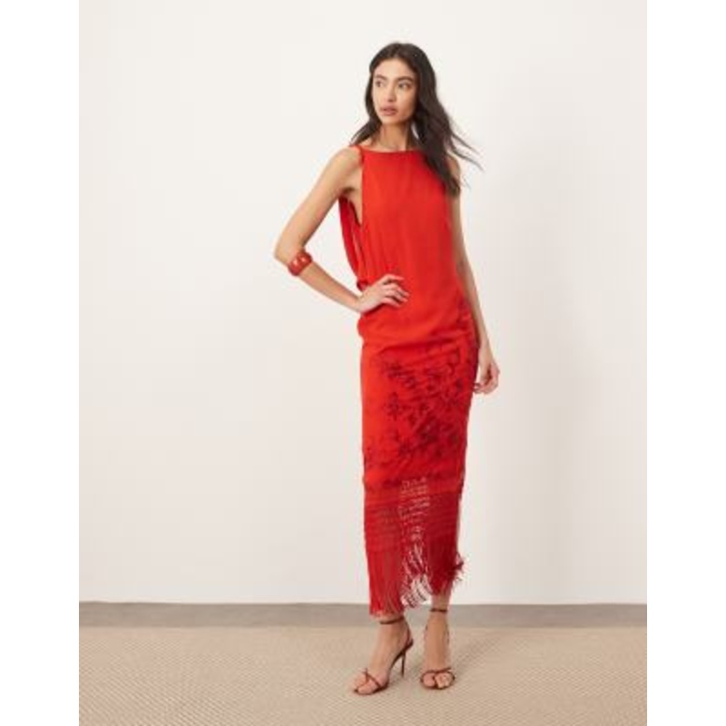 ARRANGE embroidered drape back midi dress with fringe hem in red