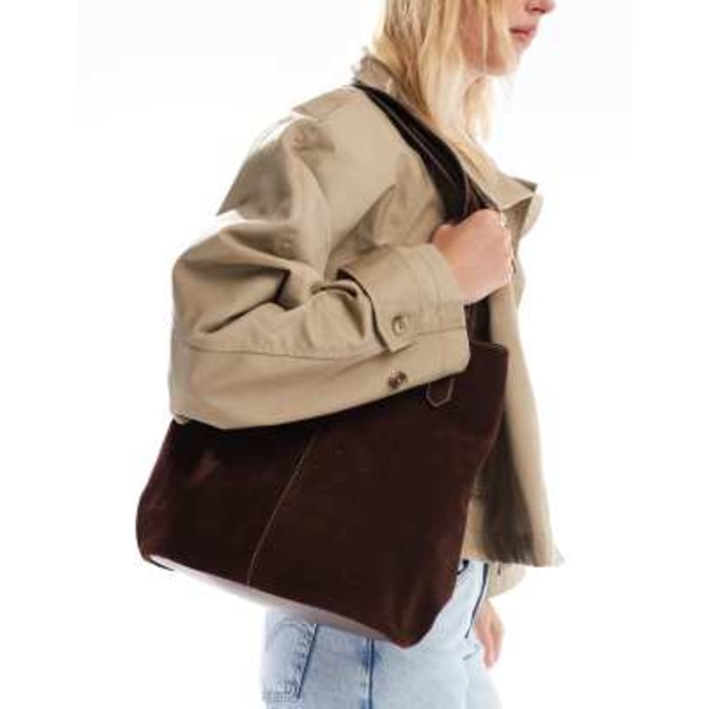 Glamorous faux suede shoulder tote bag in chocolate brown
