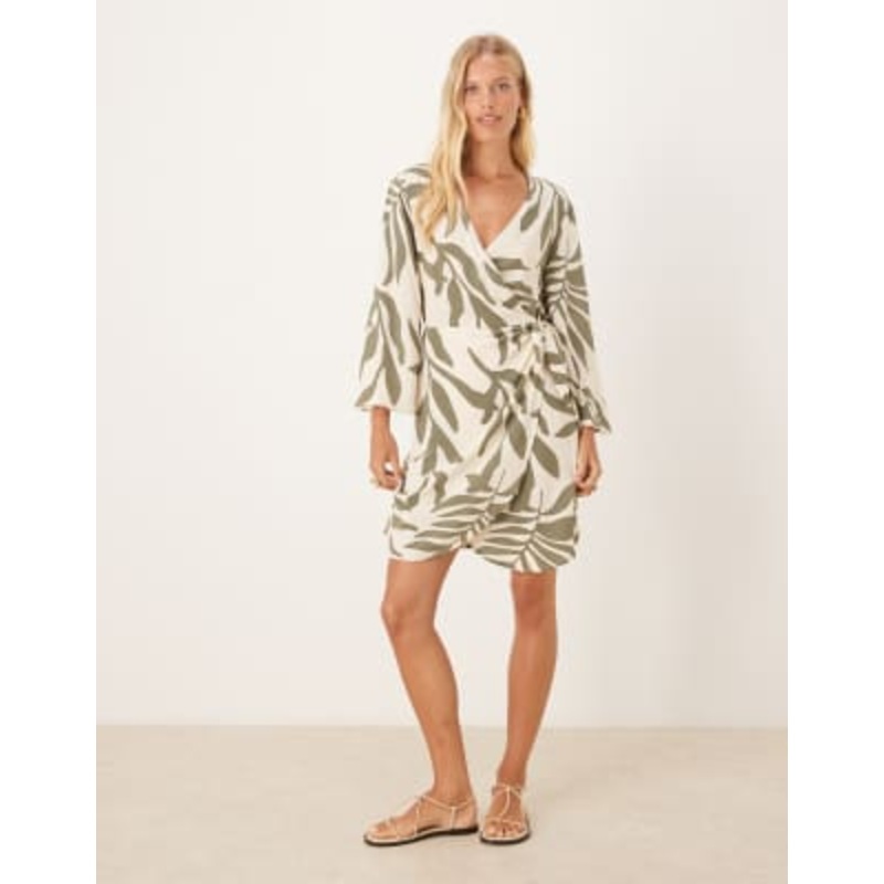 JDY wrap kimono dress in beige with green palm print