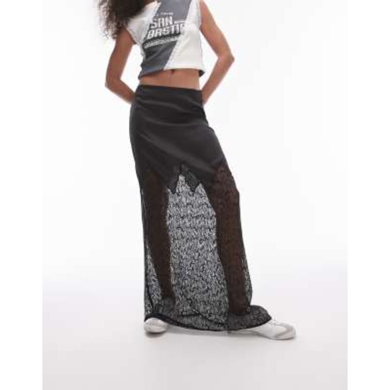 Topshop satin lace mix maxi skirt in black