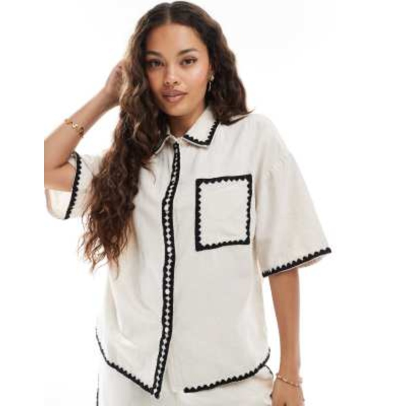 Vero Moda Petite oversized shirt with contrast stitching in cream – part of a set