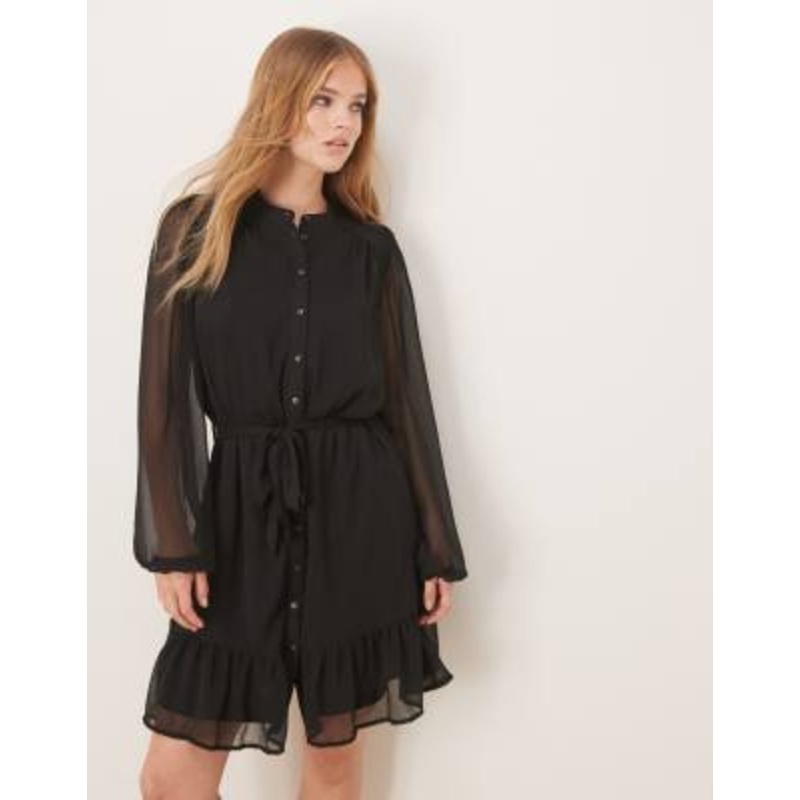 VILA long sleeve button front mini dress in black