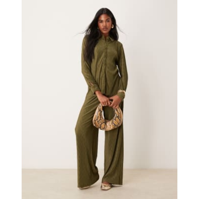 VILA plisse shirt and wide leg pants set in dark olive