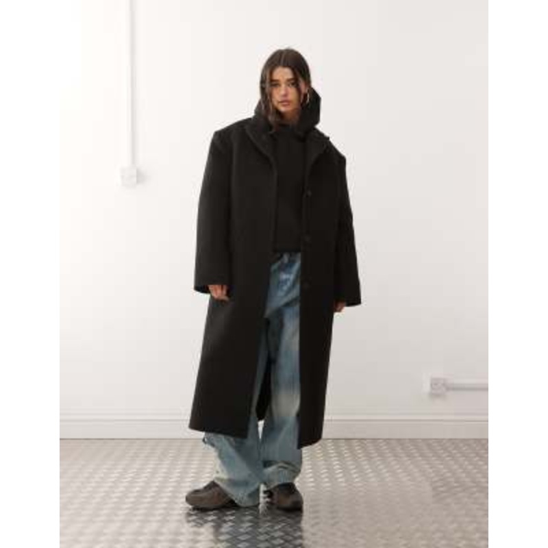 Weekday wool blend oversized coat with exaggerated shoulders in black herringbone