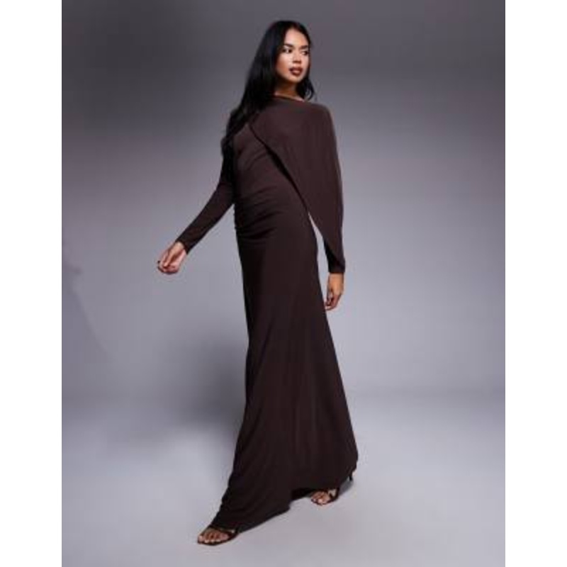 Daska slinky cape detail maxi dress in chocolate brown