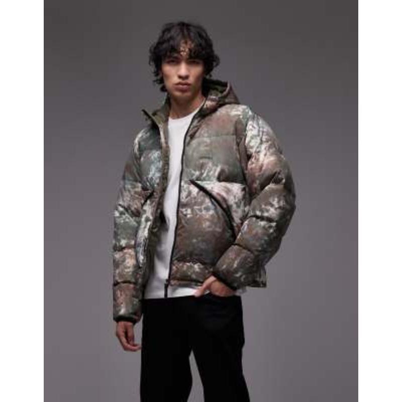 Gramicci down puffer jacket in green and brown tie dye