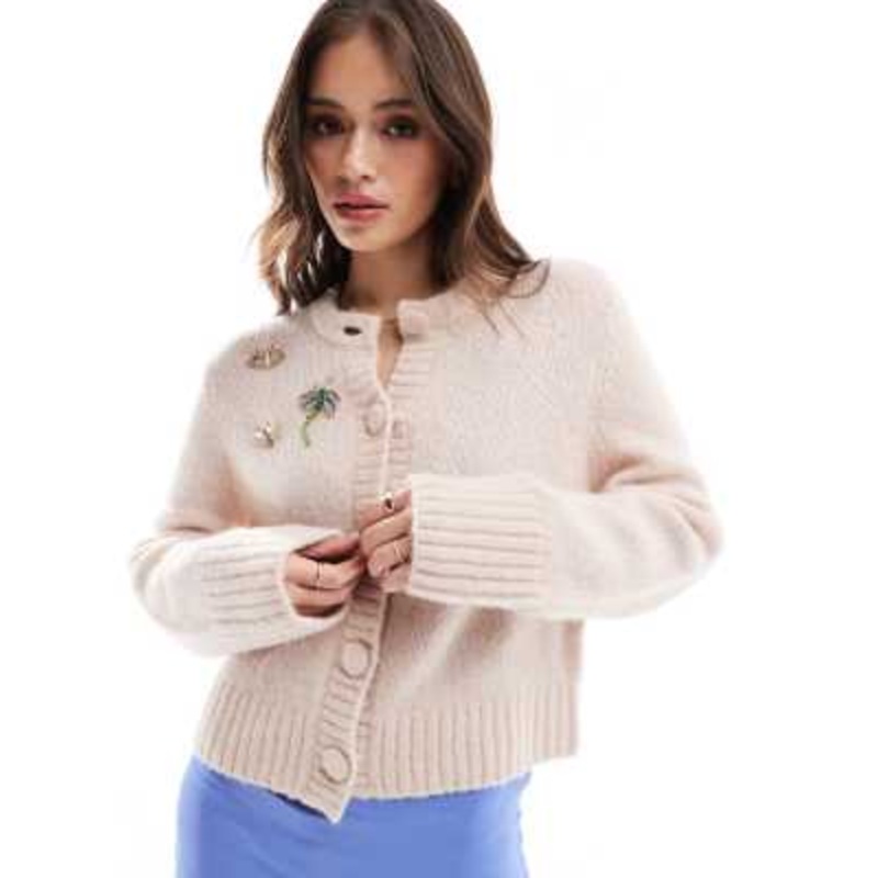 & Other Stories alpaca blend fluffy knit cardigan in light beige with jeweled art deco dragonfly applique