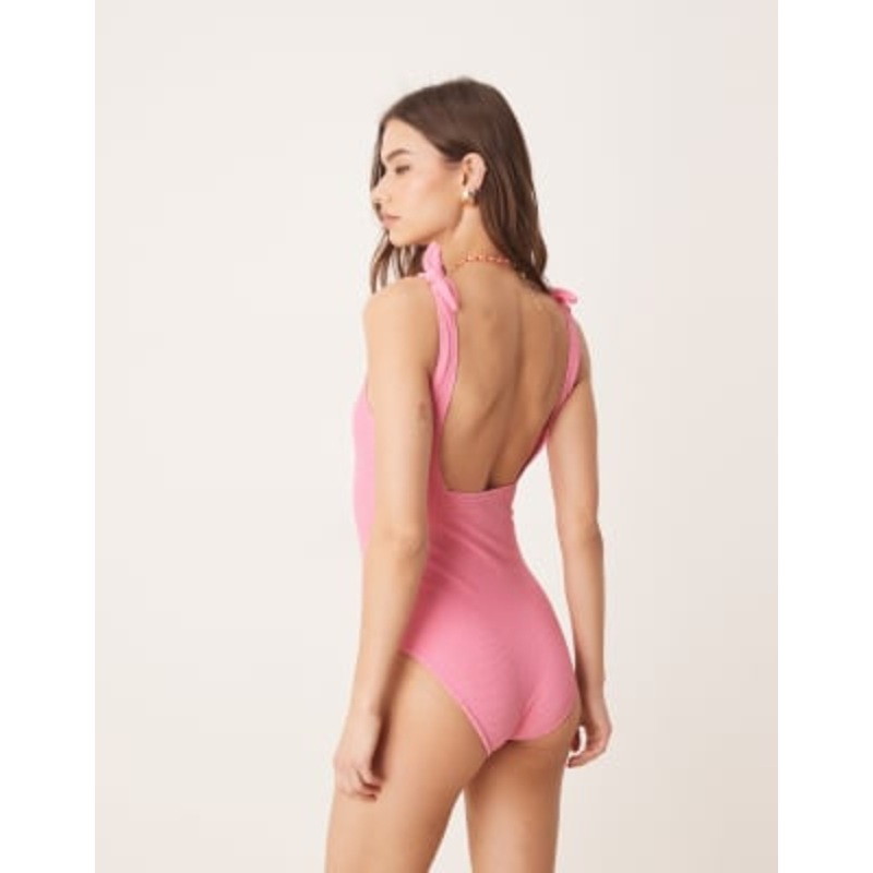 & Other Stories crinkle swimsuit with knot detail in pink