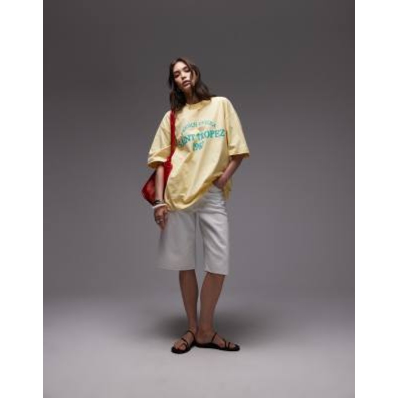 Topshop jersey graphic Saint Tropez oversized T-shirt in beige