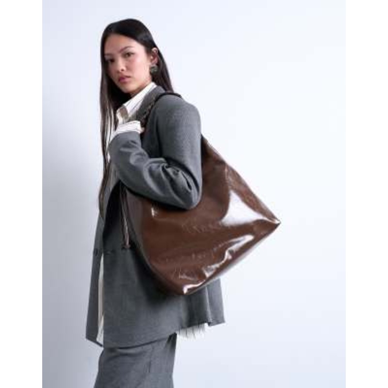 Topshop Tatum whipstitch tote bag in chocolate