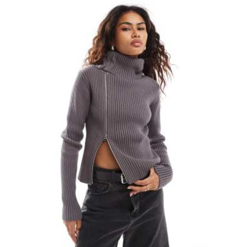 Weekday Dasha side zip cardigan in dark mole