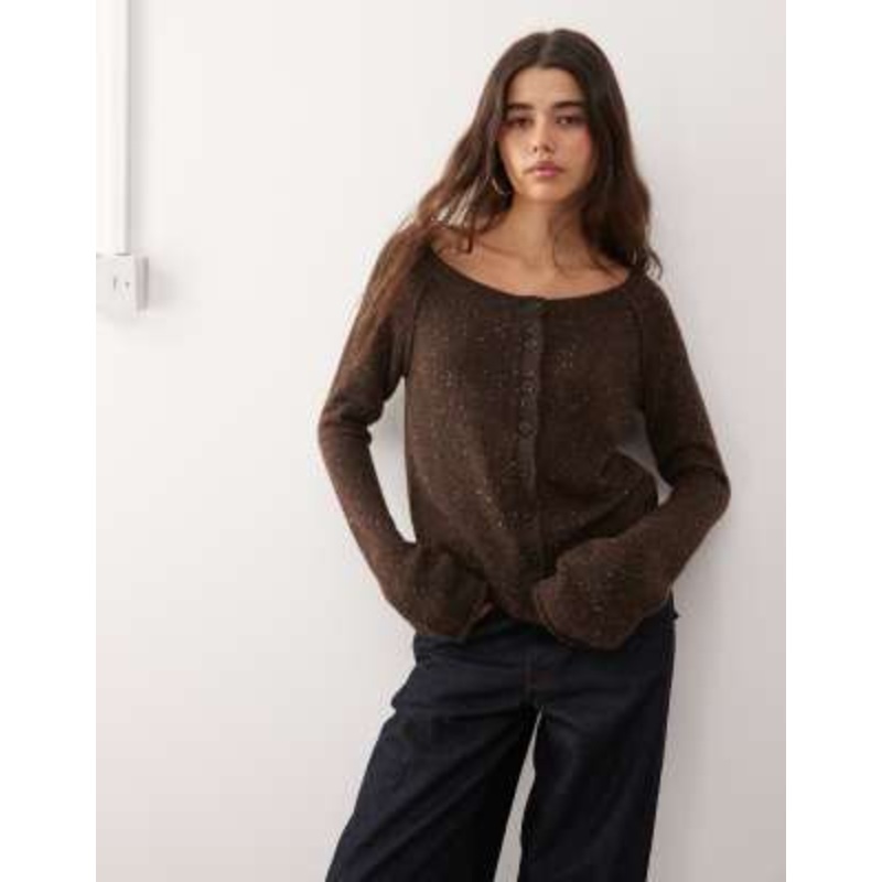 Weekday wool blend off shoulder neppy cardigan in brown melange