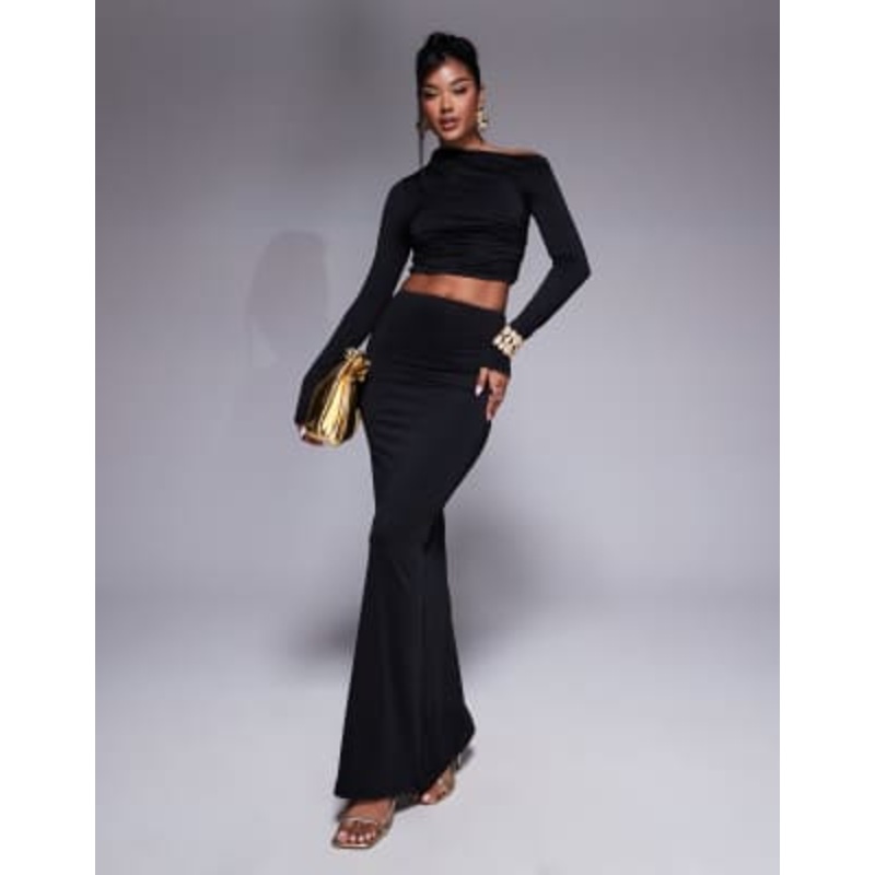 Aria Cove slinky off the shoulder long sleeve crop top and maxi skirt set in black