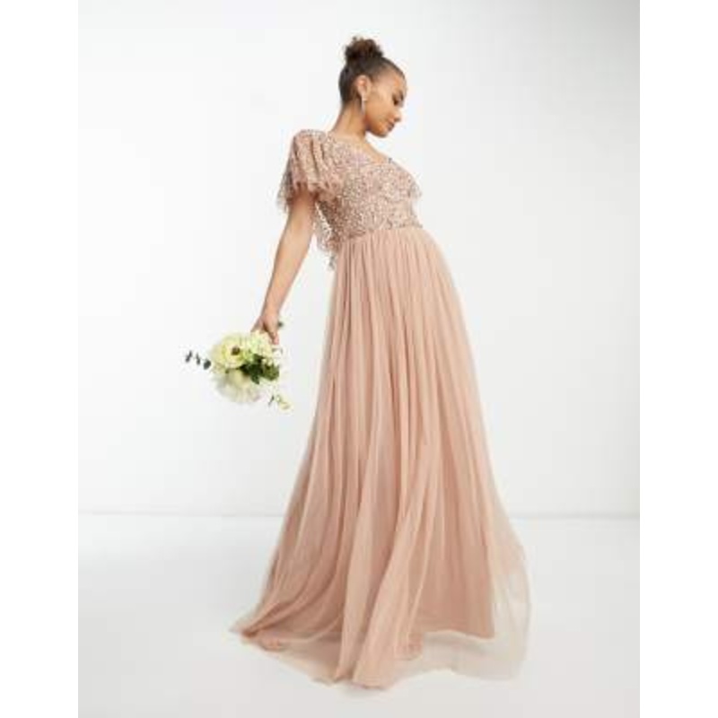 Beauut Bridesmaid emellished bodice maxi dress with flutter sleeve in taupe