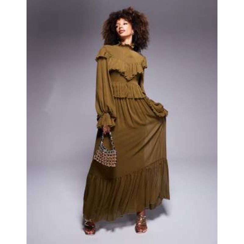Daska high neck chiffon ruffle maxi dress in olive