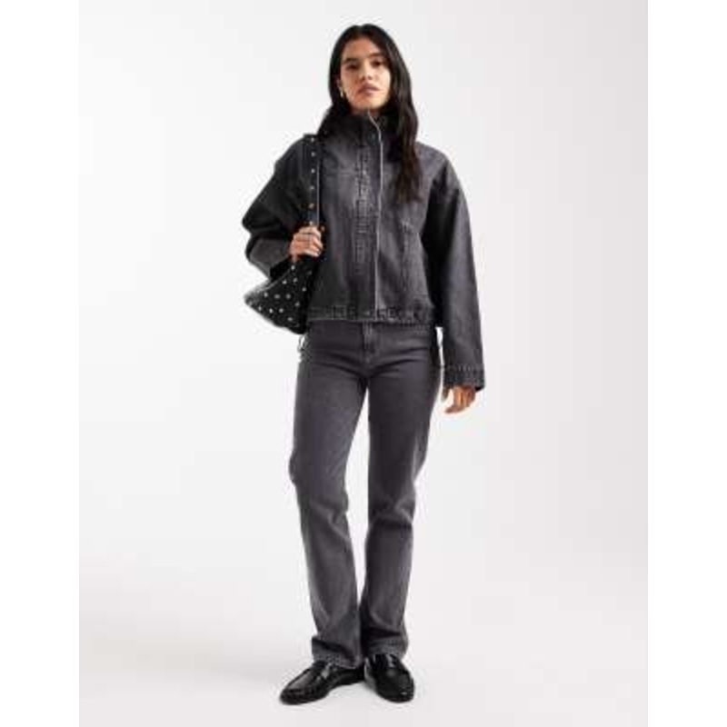 DESIGN denim funnel neck jacket & utility barrel jeans set in gray