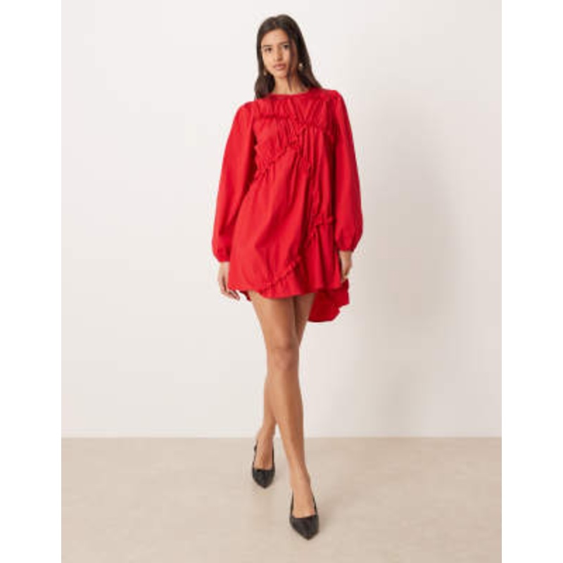 Ghospell Caro textured cotton blend asymmetric ruched detailing mini dress in red