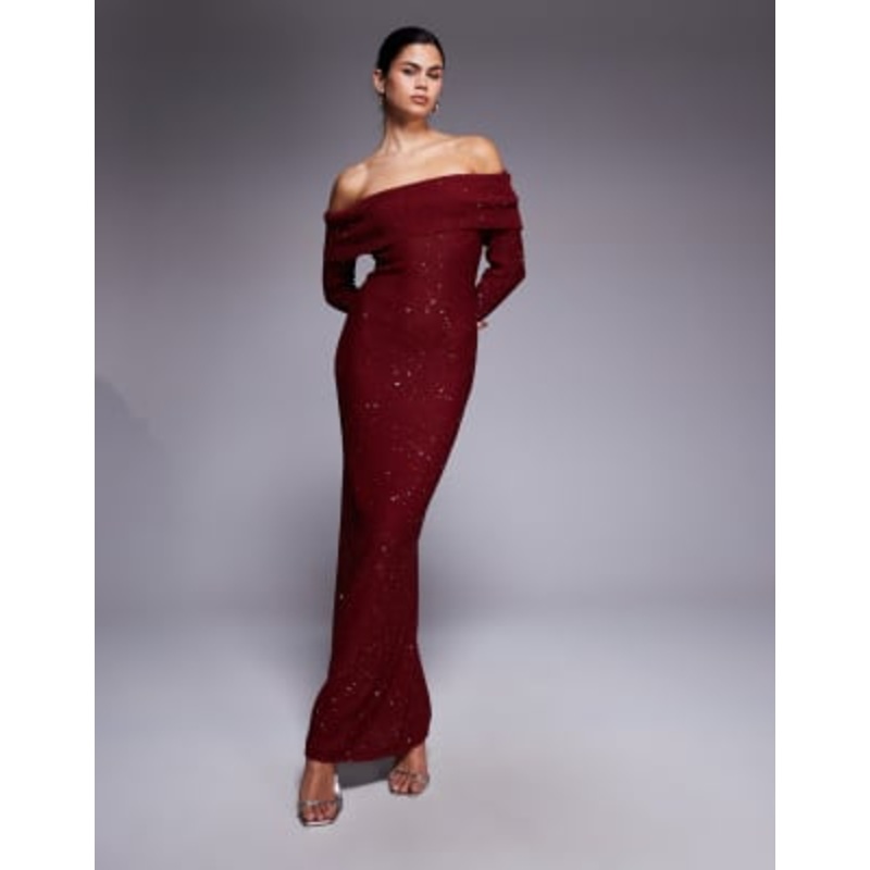 Kaiia exclusive off the shoulder long sleeve sequin knit maxi dress in burgundy