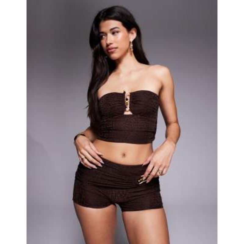 Oh Polly croc jersey ruched set in dark chocolate
