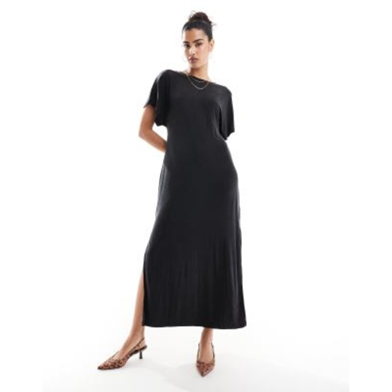 & Other Stories luxe jersey midi dress with boat neck and thigh slit in black