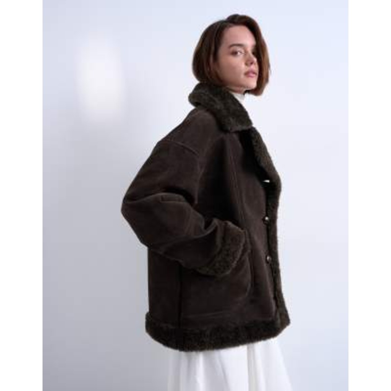Topshop faux suede shearling oversized car coat in chocolate