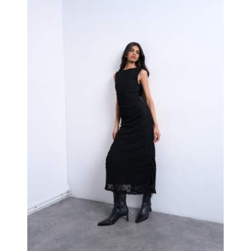 Topshop lace sleeveless maxi dress with side split in black