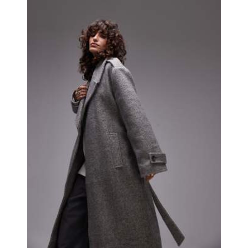 Topshop longline herringbone oversized coat in gray