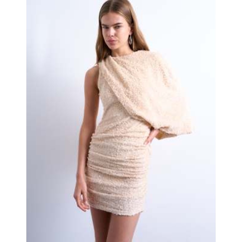 Topshop one-sleeve draped sequin mini dress in oyster