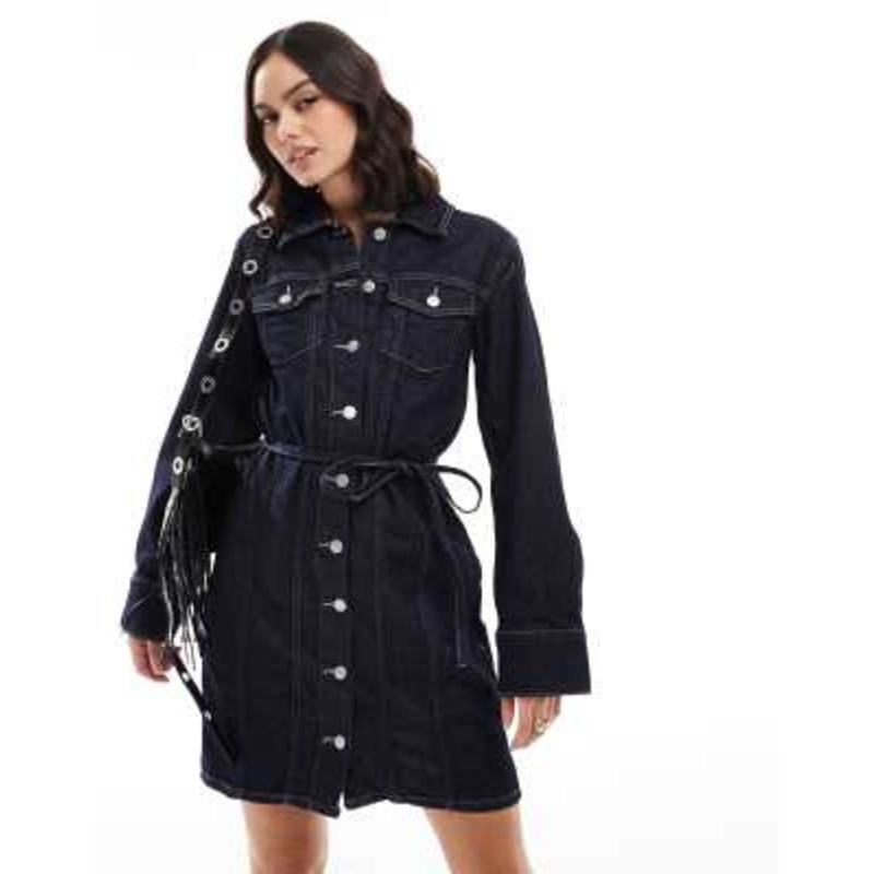 Vero Moda buttondown denim mini dress in dark blue