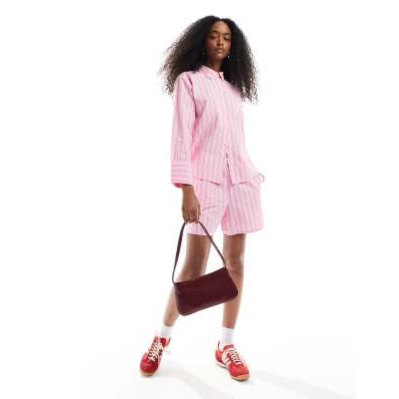 Vero Moda oversized shirt and boxer shorts set in pink stripe
