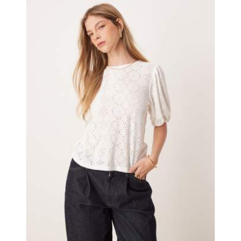 Vila broderie T-shirt with puff sleeve detail in white
