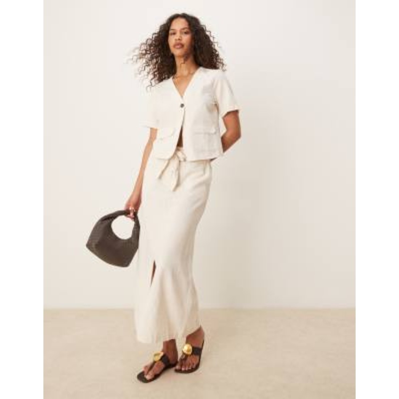 VILA linen-touch high waist slit front maxi skirt in cream melange – part of a set