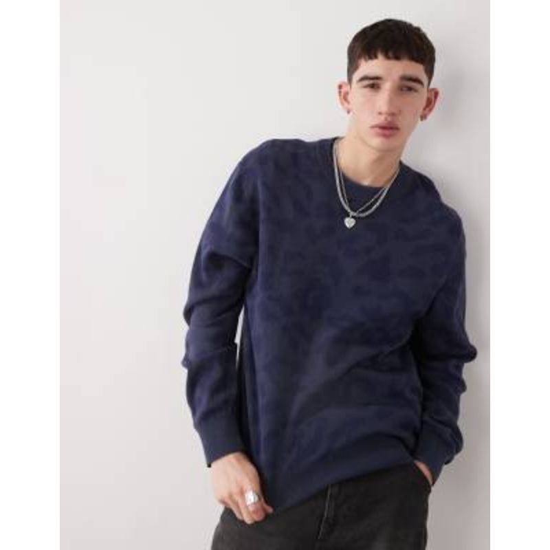 Weekday Murray sweater with tonal leopard jacquard design in dark blue