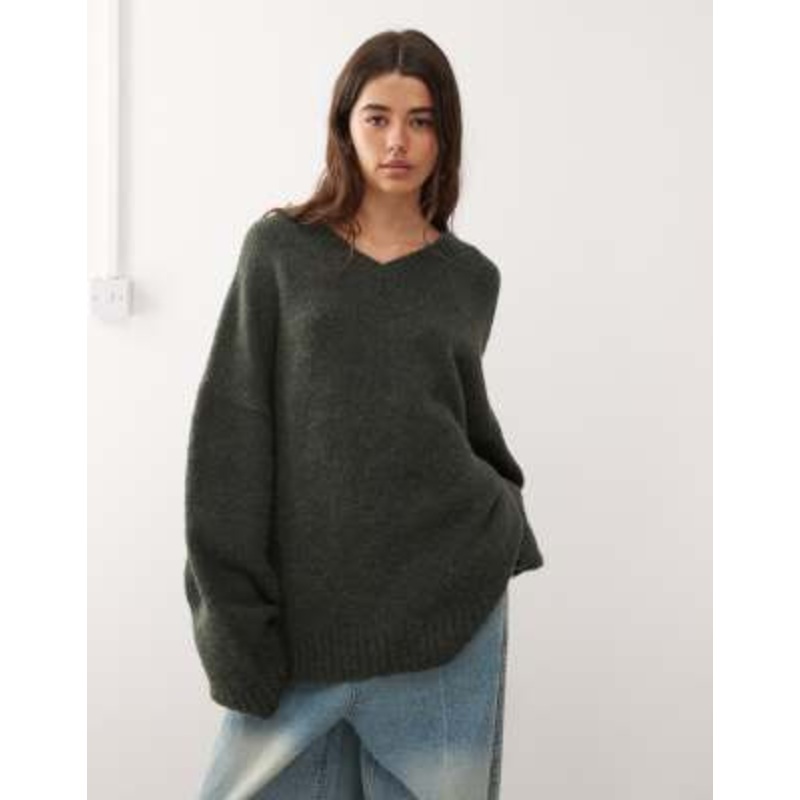Weekday wool blend super oversized v neck sweater in dark green melange
