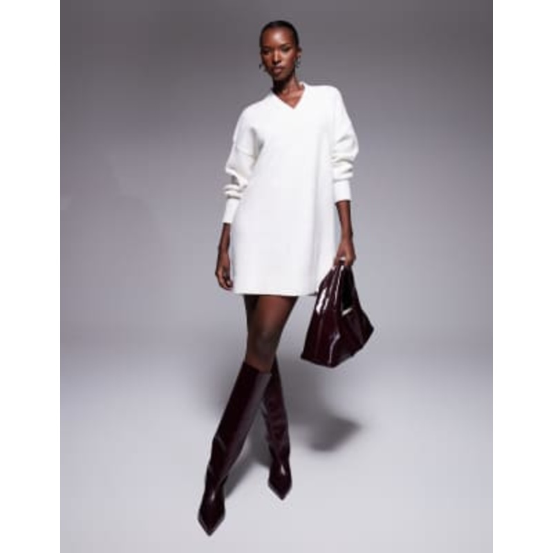 Aria Cove knit oversized v neck balloon sleeve mini sweater dress in cream