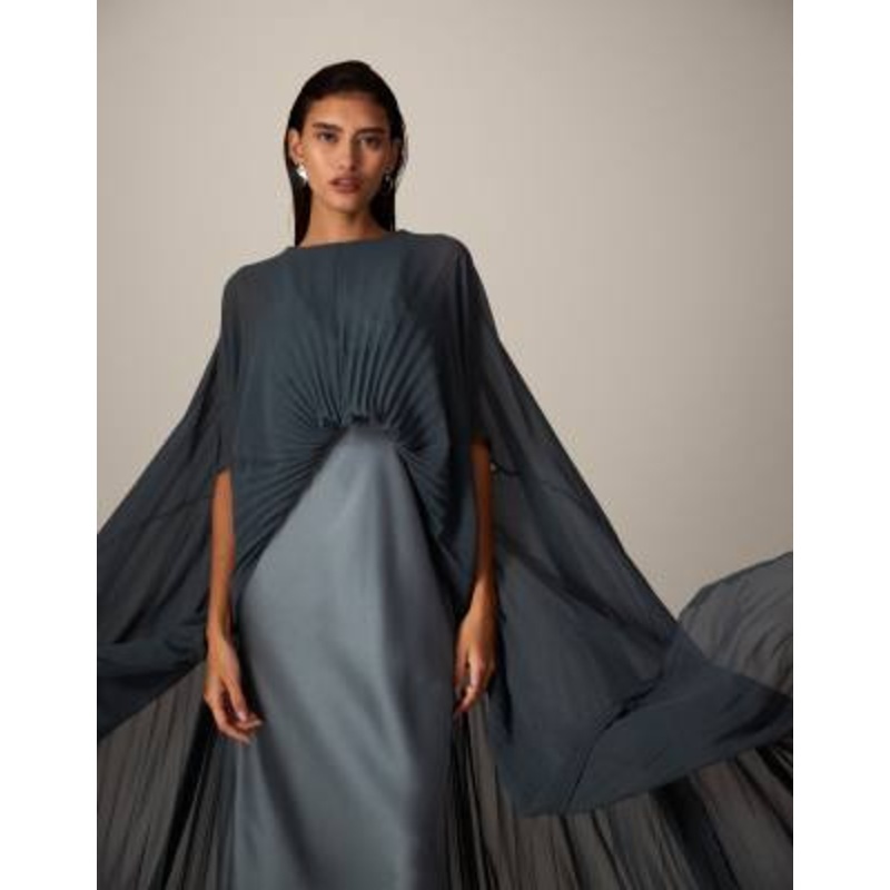ARRANGE pleated hybrid maxi cape dress in petrol blue