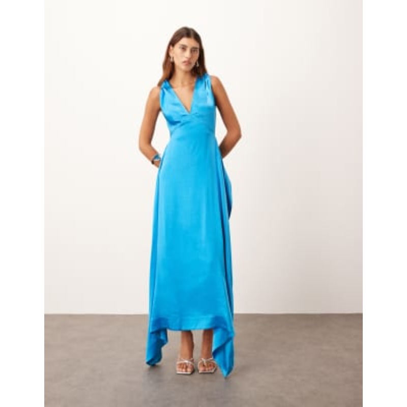 ARRANGE satin square cut maxi dress with twist shoulders in azure blue