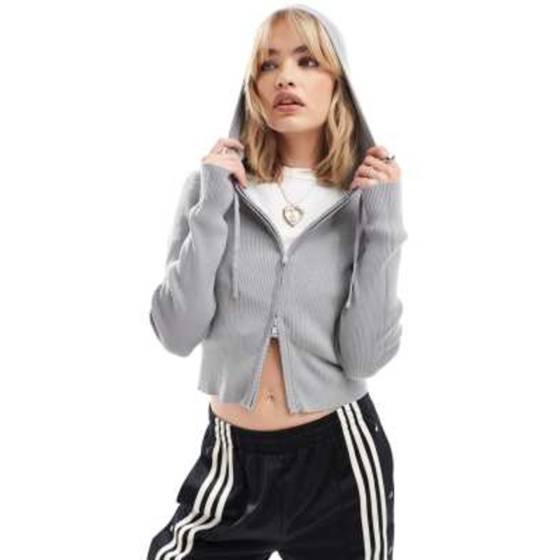 Monki knit zip-up cardigan hoodie in gray