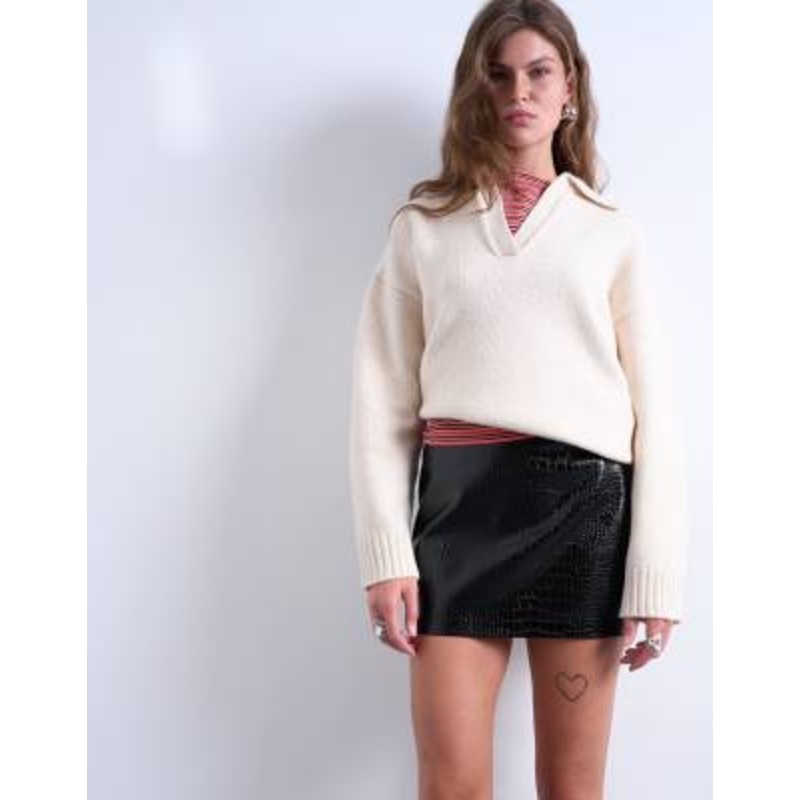 Topshop seamed detail faux leather mini skirt in black