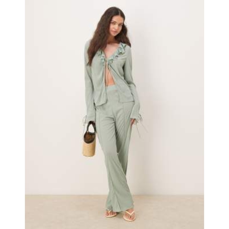 VILA textured wide leg jersey pants in milieu green – part of a set