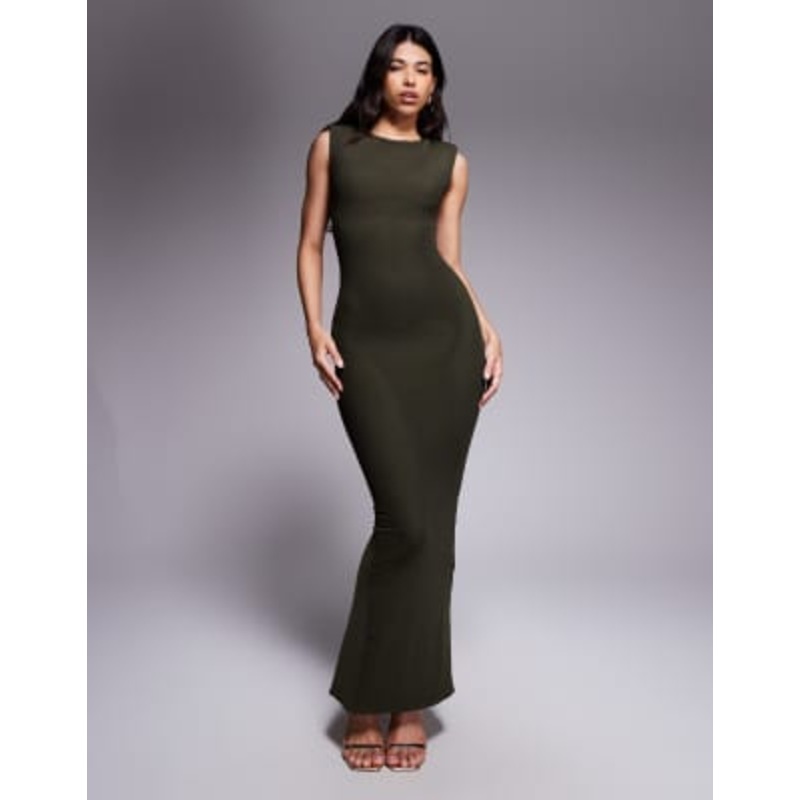 Wander Doll Naomi sculpting sleeveless shoulder pad detail bodycon maxi dress in forest green