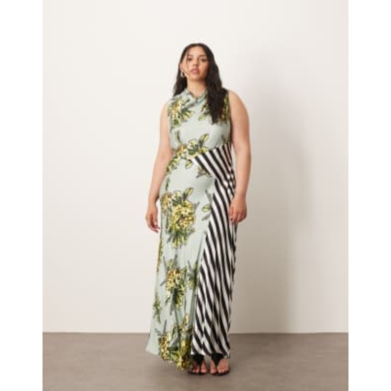 ARRANGE Curve floral print and stripes sleeveless cowl neck maxi dress