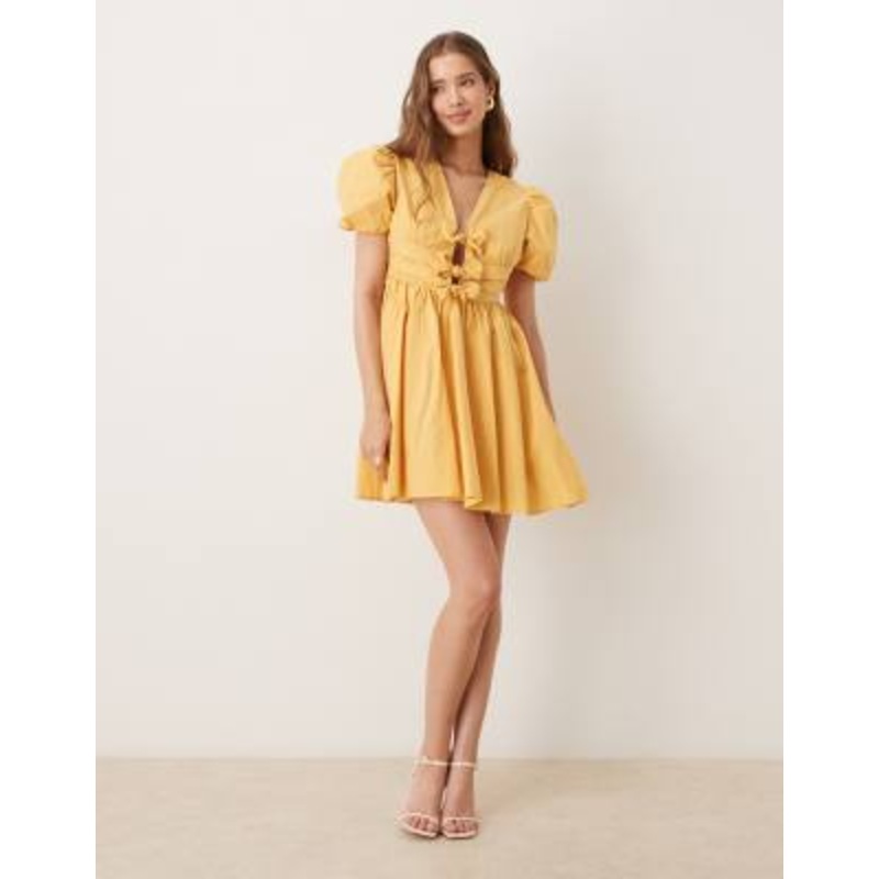 Dream Sister Jane bow front puff sleeve mini dress in yellow