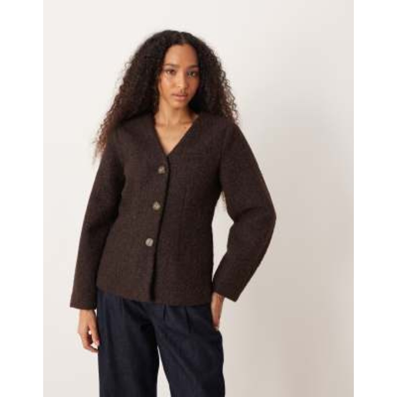 JDY boucle fitted blazer jacket in chocolate brown