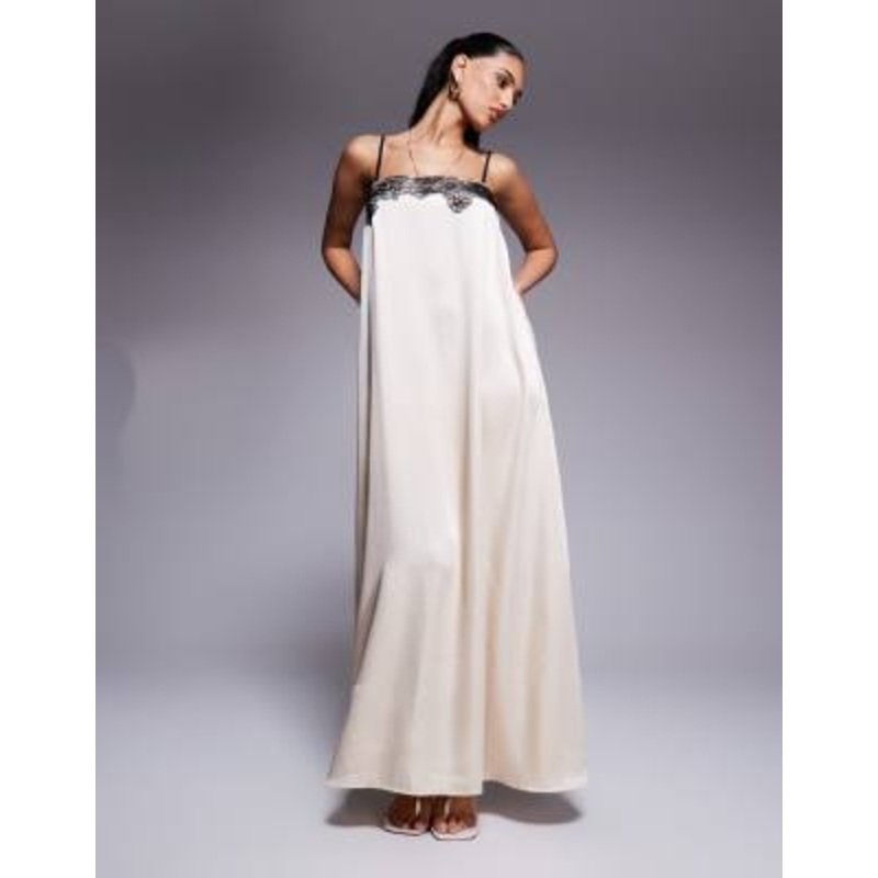 Kaiia exclusive square neck contrast lace detail cami trapeze satin maxi dress in cream
