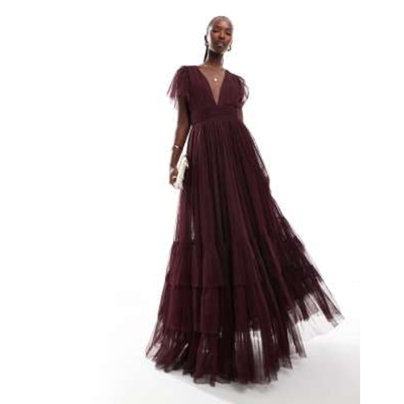Lace & Beads Bridesmaid Madison V-neck tulle maxi dress in plum