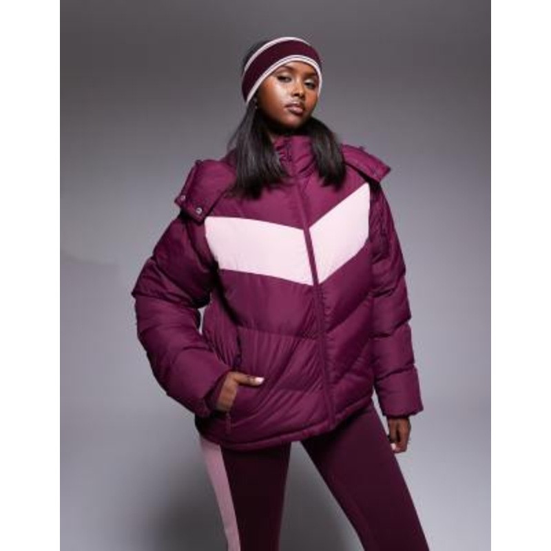 Threadbare Ski puffer jacket with pink panel contrast in burgundy